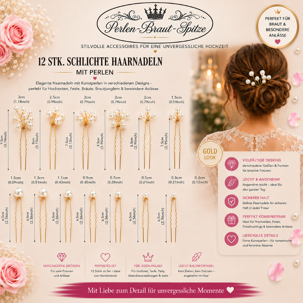 Braut Haarnadel Set Gold | Perlen-Braut-Spitze 12er Braut Haarnadel Set Gold mit Perlen – Perlen-Braut-Spitze