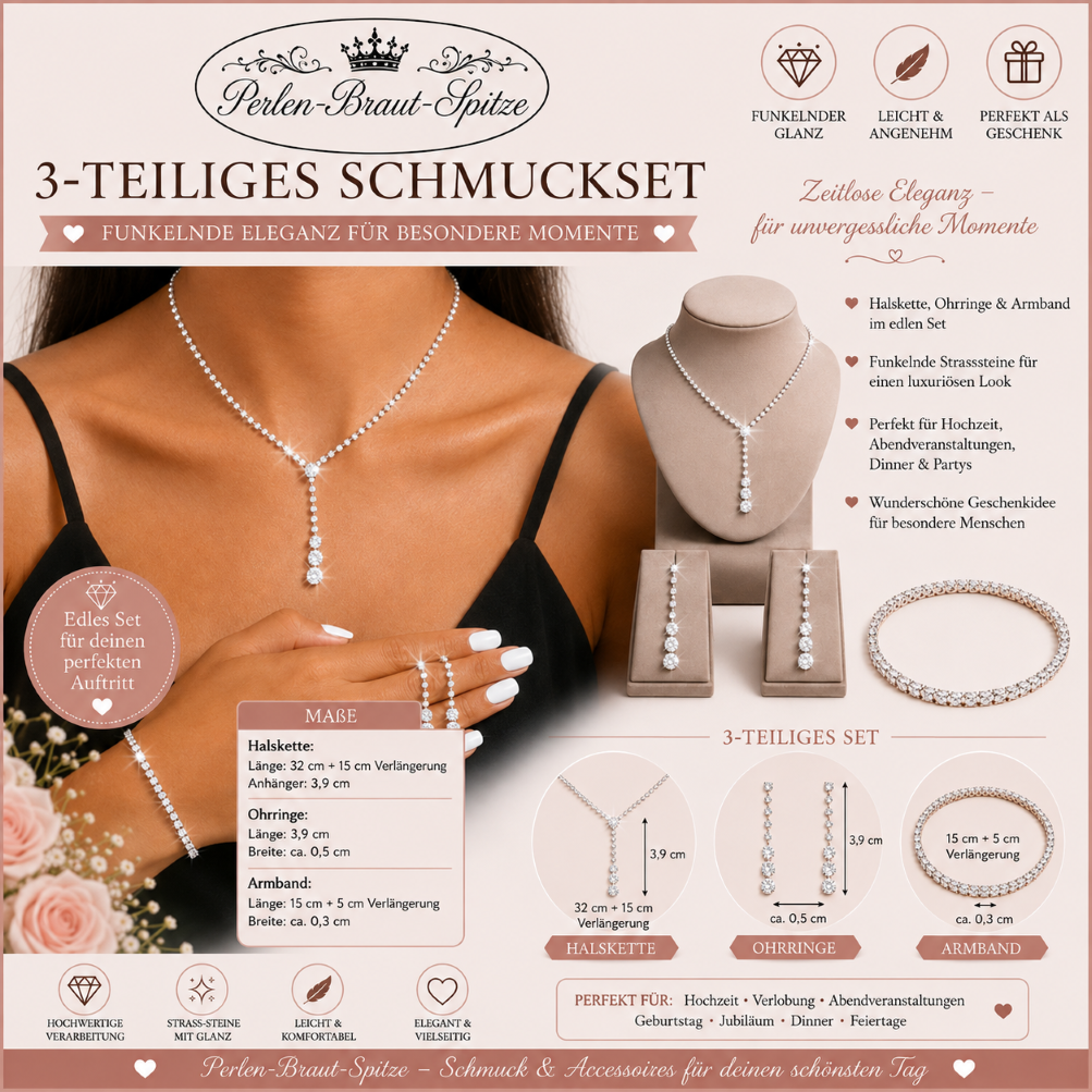 Brautschmuck Set Halskette Ohrringe Armband Silber – Perlen-Braut-Spitze Silber Schmuckset mit funkelnder Halskette Ohrringen und Armband für Braut und Hochzeit – Perlen-Braut-Spitze