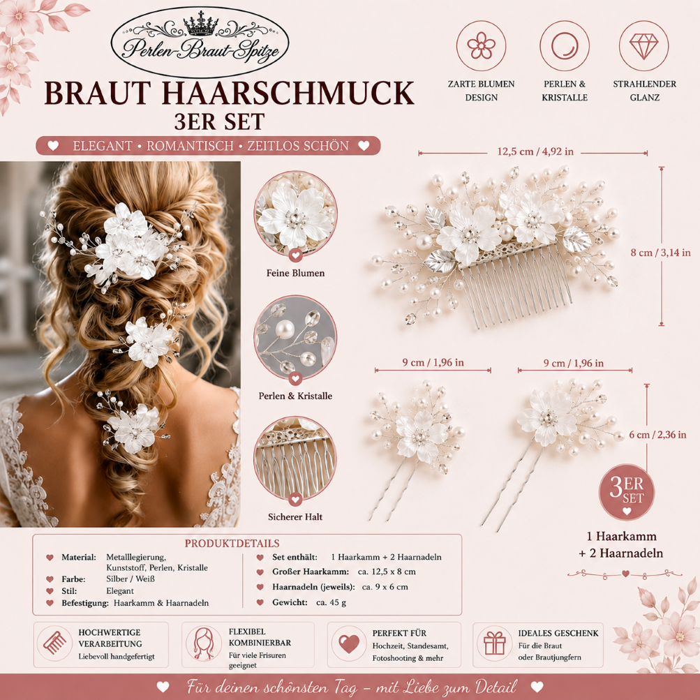 Braut Haarschmuck Silber | Perlen-Braut-Spitze Braut Haarschmuck Silber mit Perlen und Kristallen – Perlen-Braut-Spitze