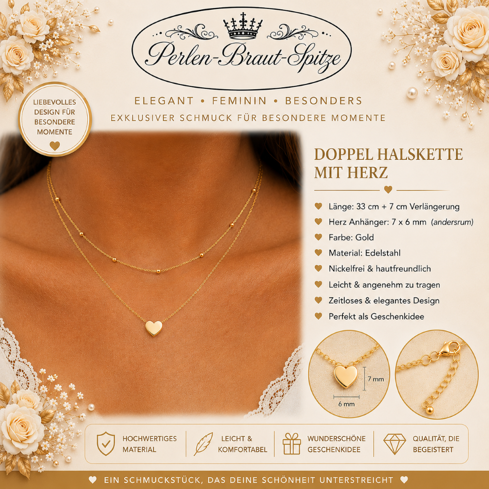 Goldene Doppel Halskette Herzanhänger Damen – Perlen-Braut-Spitze Goldene Damen Doppel Halskette mit kleinen Kugeln und Herzanhänger – Perlen-Braut-Spitze