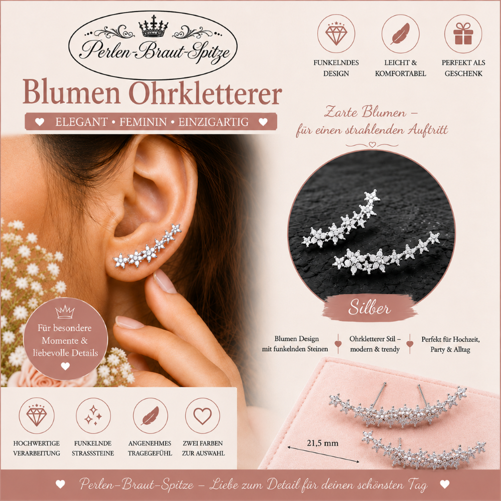 Blumen Ohrkletterer Silber – Hochzeit & Brautschmuck Blumen Ohrkletterer Silber mit funkelnden Steinen für Hochzeit und Braut