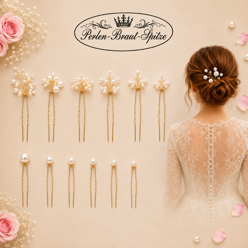 Braut Haarnadel 12er Set Gold | Perlen-Braut-Spitze Braut Haarnadel 12er Set Gold mit Perlen | Perlen-Braut-Spitze