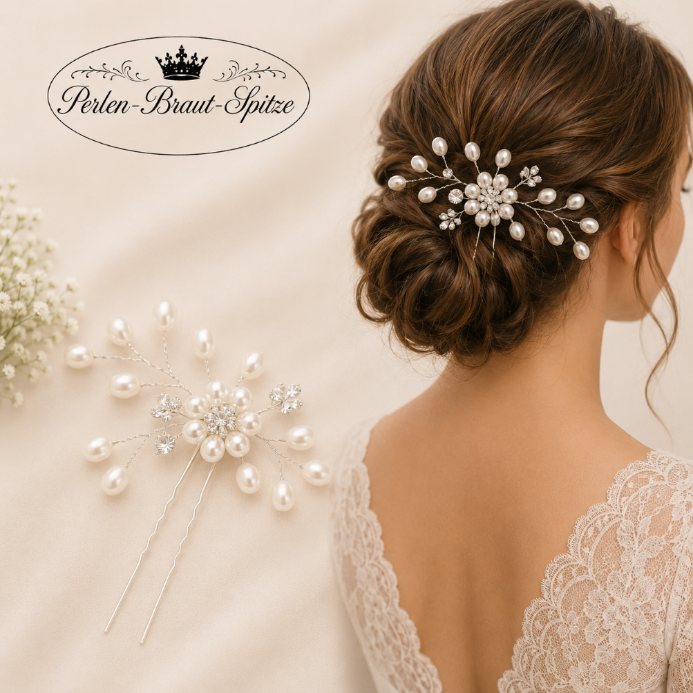Braut Haarnadel Silber mit Perlen & Kristallen | Perlen-Braut-Spitze Braut Haarnadel Silber mit Perlen und Kristallen getragen in einer Brautfrisur – Perlen-Braut-Spitze