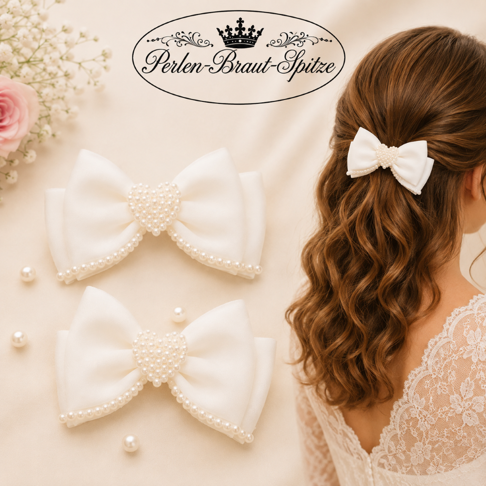 Braut-Haarschleifen Weiß mit Perlenherz | Perlen-Braut-Spitze 2er Braut-Haarschleifen Weiß mit Perlenherz | Perlen-Braut-Spitze
