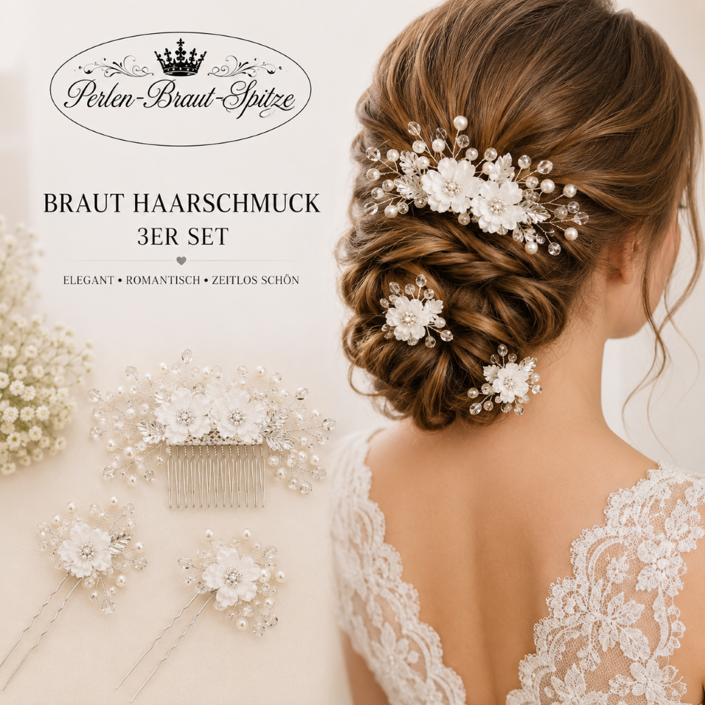 Braut Haarschmuck Silber 3er Set | Perlen-Braut-Spitze Braut Haarschmuck Silber 3er Set mit weißen Blüten, Perlen und Kristallen – Perlen-Braut-Spitze