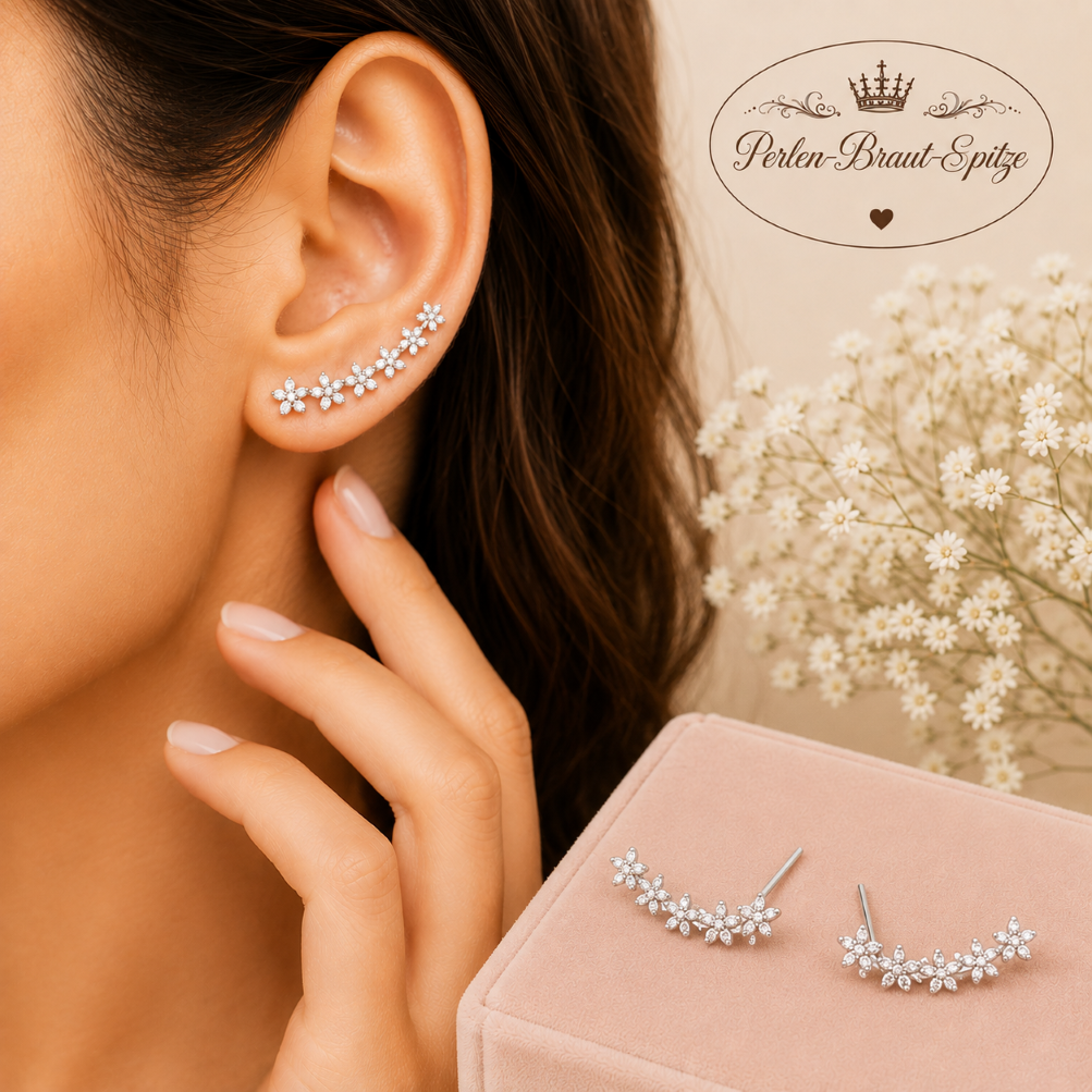 Ohrkletterer Silber – Braut Ohrringe mit Blumen Silberne Blumen Ohrkletterer als elegante Braut Ohrringe | perlen Braut Spitze