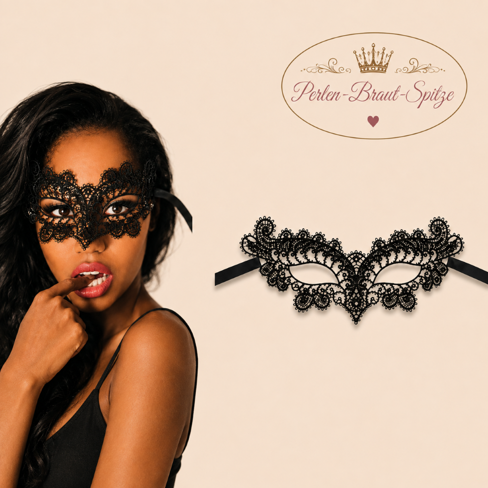 Schwarze Spitzenmaske Damen | Perlen-Braut-Spitze Schwarze Spitzenmaske für Damen mit Bindebändern – Perlen-Braut-Spitze