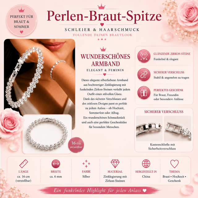 Silber Armband mit Zirkon-Steinen – Perlen-Braut-Spitze Elegantes silberfarbenes Armband mit Zirkon-Steinen für Braut und Hochzeit – Perlen-Braut-Spitze