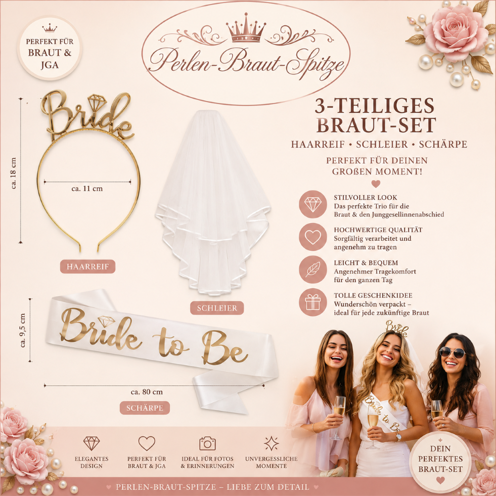 3-teiliges Braut-Set mit goldenem Bride Haarreif, weißem Schleier und Bride-to-Be-Schärpe 3 teiliges braut set mit bride haarreif, schleier und schärpe perlen braut spitze 113