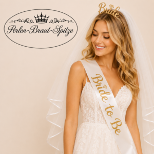 Blonde Braut mit Bride Haarreif, Schleier und Bride-to-Be-Schärpe von Perlen-Braut-Spitze