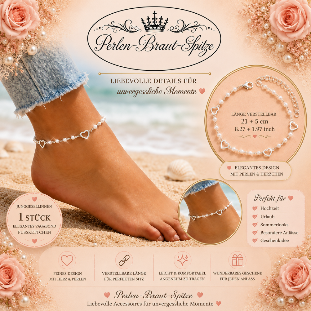 Silber Fußkettchen Damen mit Herzen und Perlen | Perlen-Braut-Spitze Damen Fußkettchen in Silber mit Herzmotiven und weißen Perlen als Sommer und Lifestyle Schmuck – Perlen-Braut-Spitze