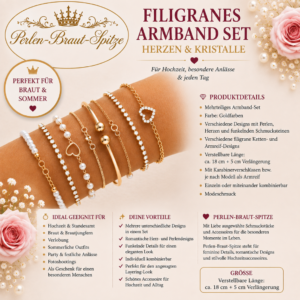 Elegantes Armband-Set Gold mit Perlen & Herzen | Perlen-Braut-Spitze