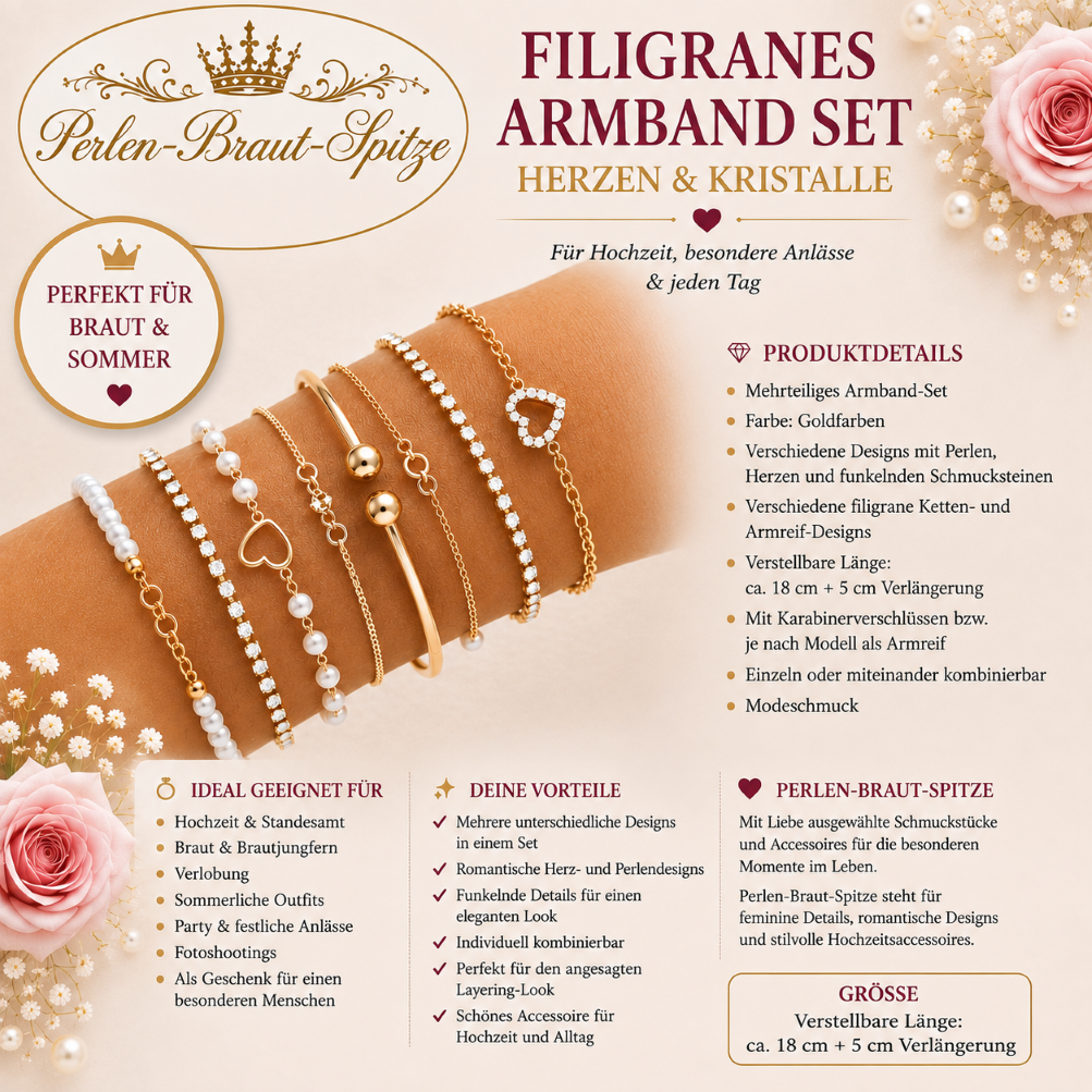 Armband-Set Gold mit Perlen Herzen und funkelnden Details – Perlen-Braut-Spitze Armband-Set Gold mit Perlen Herzen und funkelnden Details – Perlen-Braut-Spitze