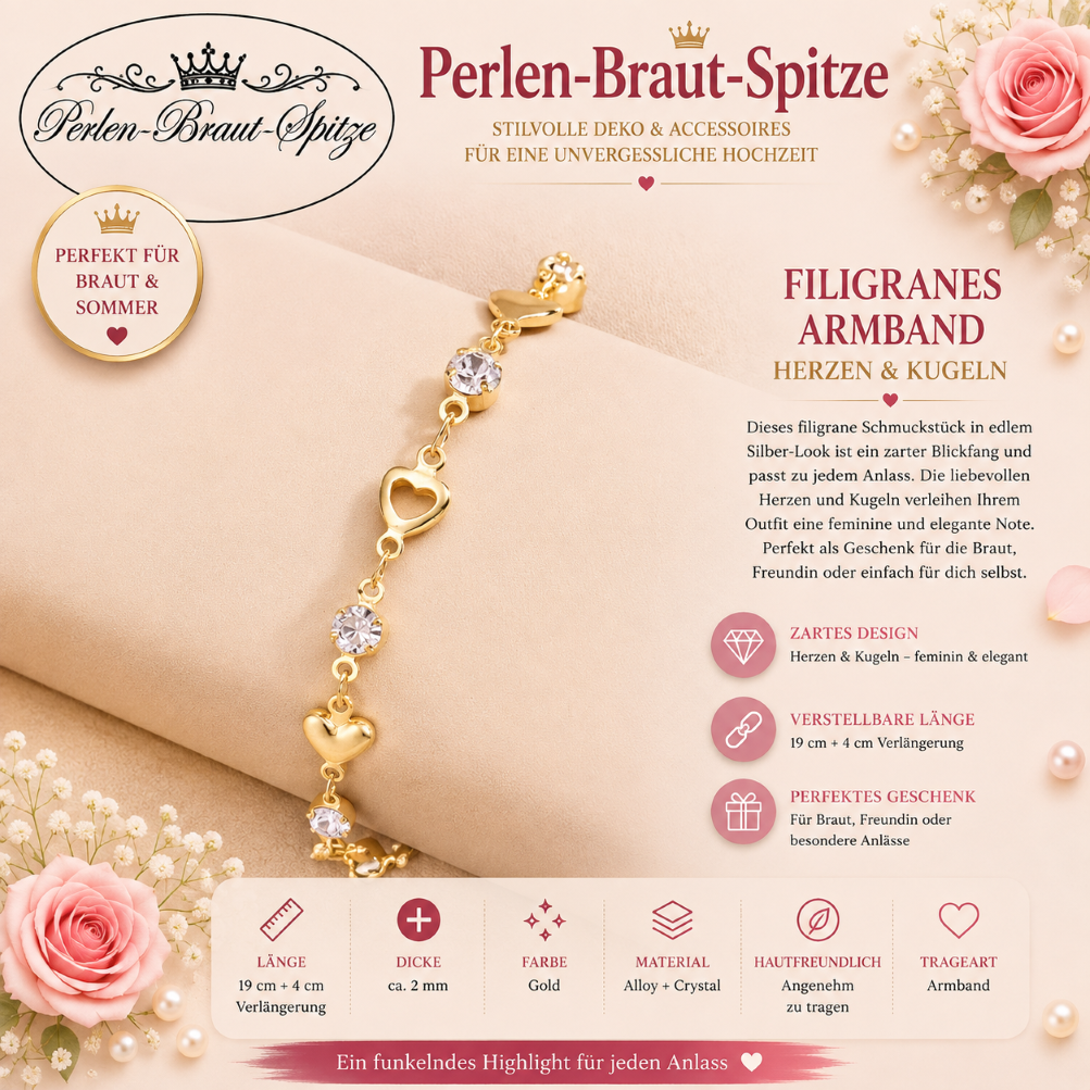 Filigranes Armband Gold mit Herzen und Kristallsteinen – Perlen-Braut-Spitze Filigranes Armband Gold mit Herzen und Kristallsteinen – Perlen-Braut-Spitze