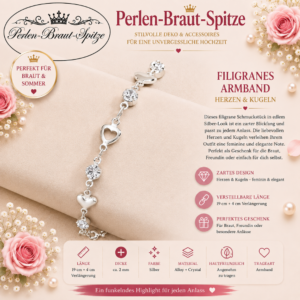 filigranes armband in silber mit herzen & kristallsteinen perlen braut spitze #104