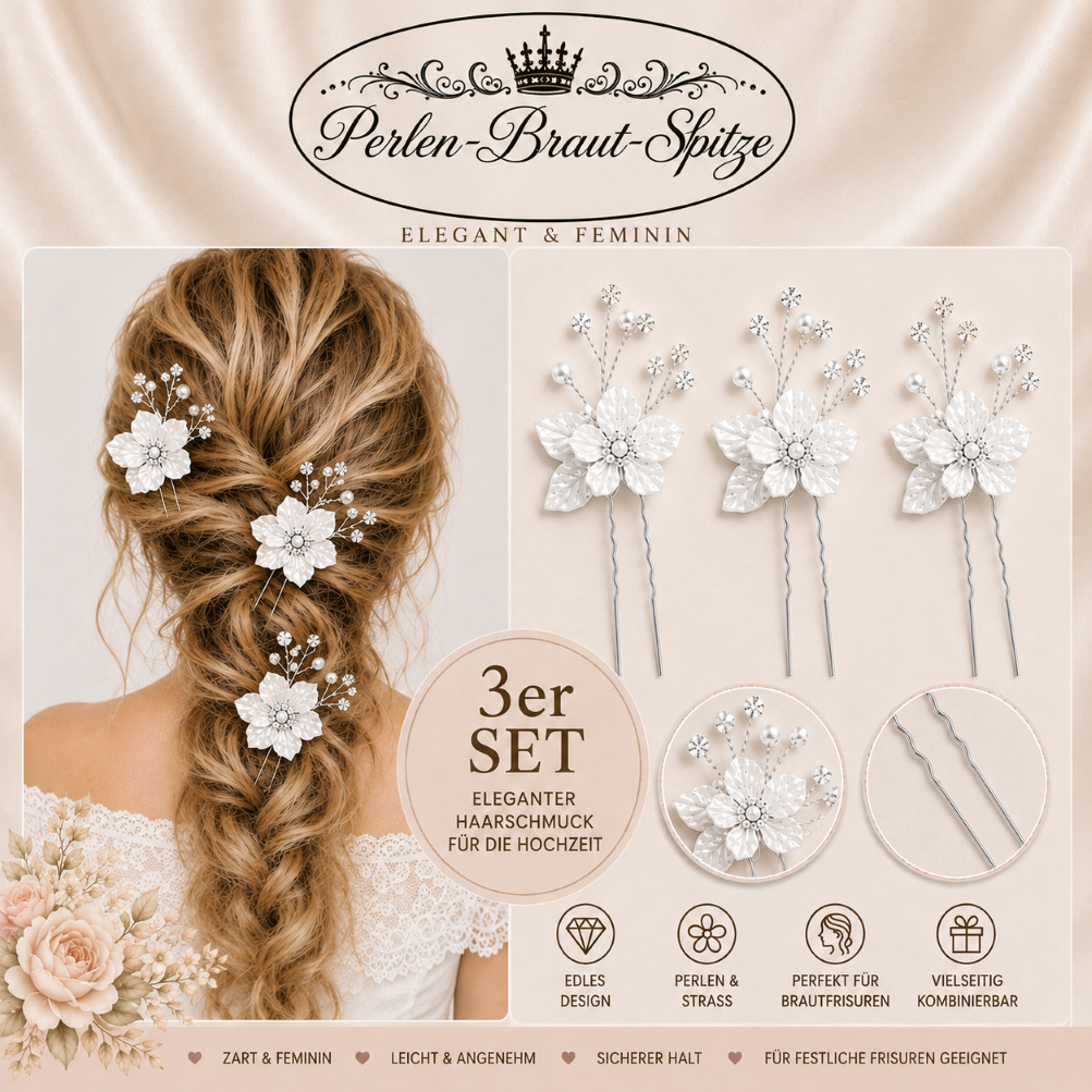 Braut Haarnadeln 3er-Set Silber | Perlen-Braut-Spitze Braut Haarnadeln 3er-Set Silber mit Perlen – Perlen-Braut-Spitze