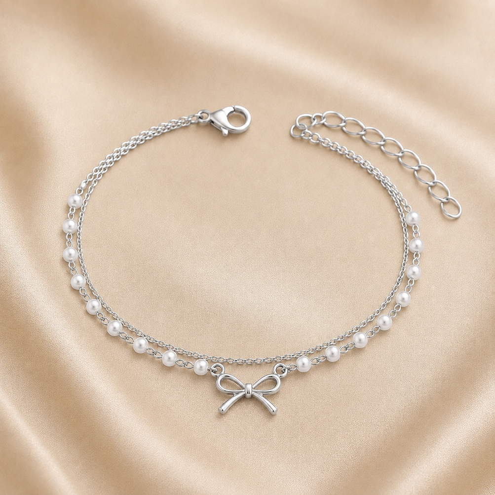 Damen Fußkettchen Silber mit Perlen und Schleife – Perlen-Braut-Spitze Damen Fußkettchen in Silber mit Perlen, Schleife und Verlängerungskette – Perlen-Braut-Spitze