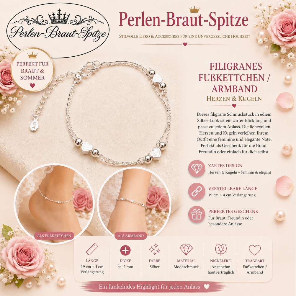 filigranes fusskettchen armband herzen kugeln silberfarben perlen braut spitze 21 filigranes fusskettchen armband herzen kugeln silberfarben perlen braut spitze 21