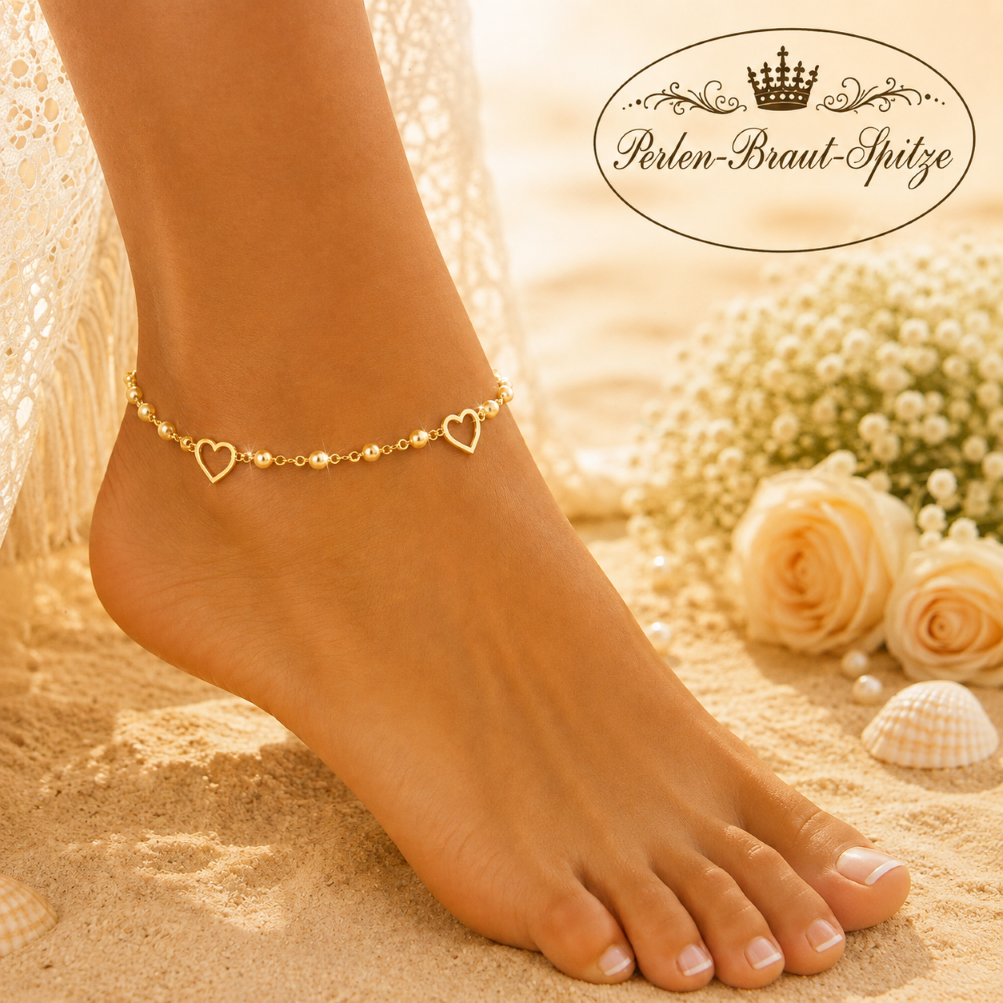 Fußkettchen Gold mit Herzen – Perlen-Braut-Spitze Goldfarbenes Fußkettchen mit Herz-Anhängern für Damen von Perlen-Braut-Spitze