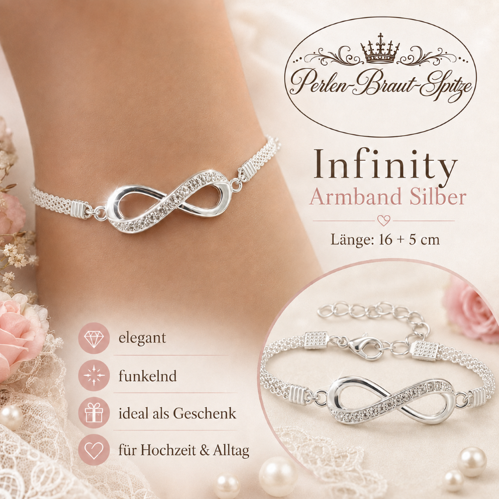 Infinity-Armband Silber mit Strass – Perlen-Braut-Spitze Infinity Armband Silber mit Strass 16 + 5 cm – Perlen-Braut-Spitze