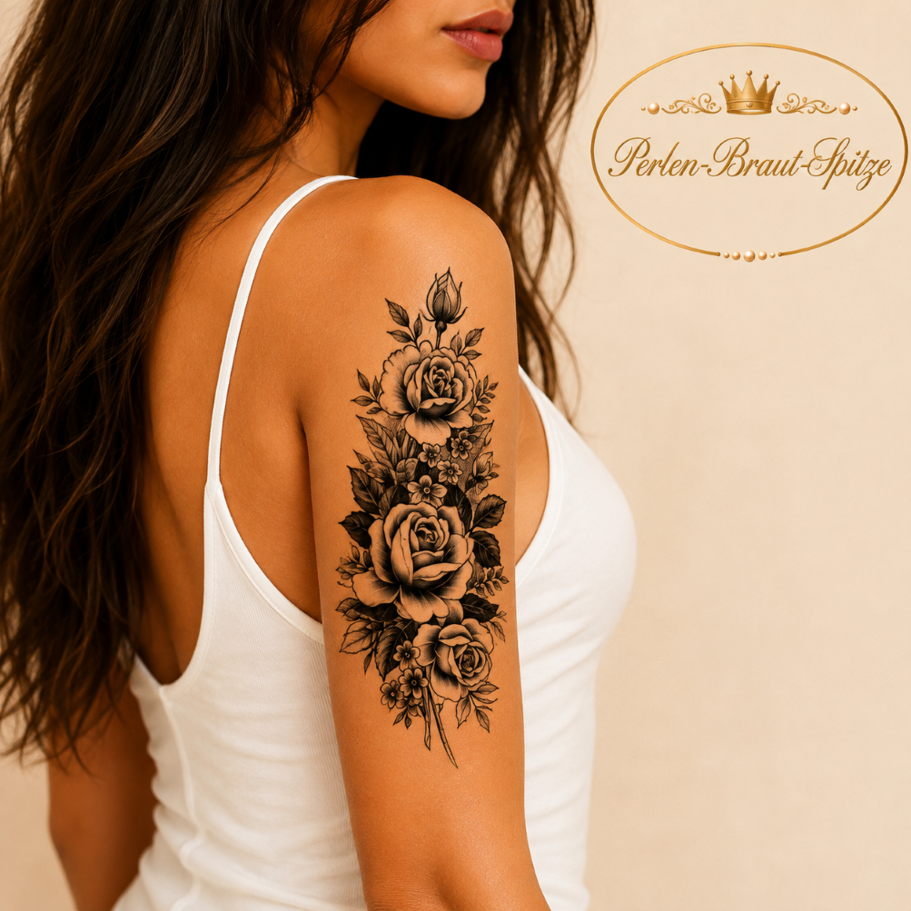 Temporäres Tattoo Blumen Rosen Schwarz – Perlen-Braut-Spitze Temporäres Tattoo mit schwarzen Rosen und Blumen für Damen – Perlen-Braut-Spitze