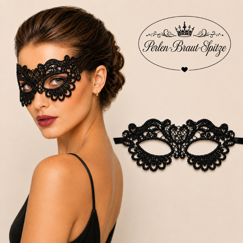 Venezianische Maske Spitze Schwarz | Perlen-Braut-Spitze Venezianische Spitzenmaske Schwarz an Frau – Perlen-Braut-Spitze