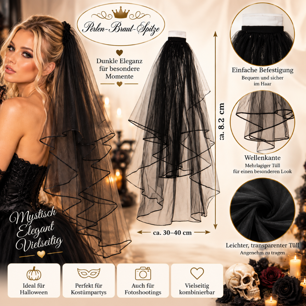 Halloween Schleier Schwarz – Details | Perlen-Braut-Spitze Schwarzer Halloween Schleier 82 cm mehrlagig mit Wellenkante – Perlen-Braut-Spitze
