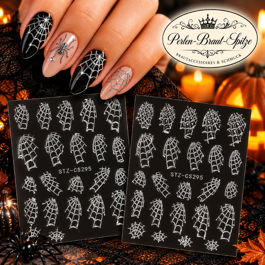 Halloween Spinnennetz Nagelsticker Silber – Perlen-Braut-Spitze Halloween Spinnennetz Nagelsticker Silber 2 Bögen – Perlen-Braut-Spitze
