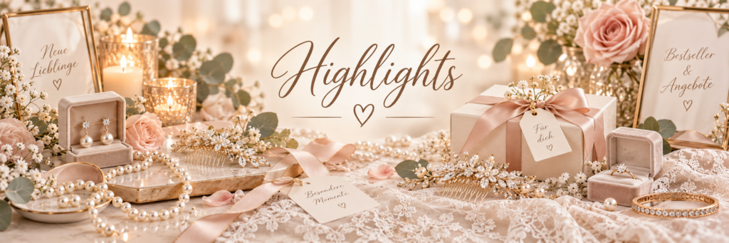 Highlights: Neuheiten & Angebote Highlights von Perlen-Braut-Spitze mit Schmuck, Geschenkbox, Perlen und romantischer Dekoration in Rosé und Gold