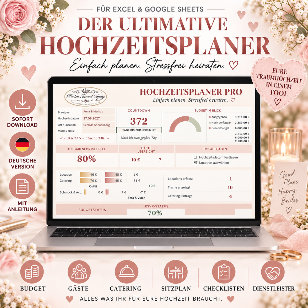 Hochzeitsplaner PRO für Excel & Google Sheets Digitaler Hochzeitsplaner PRO von Perlen-Braut-Spitze für Excel und Google Sheets mit Budget, Gästeliste, Sitzplan, Catering, Checklisten und Countdown
