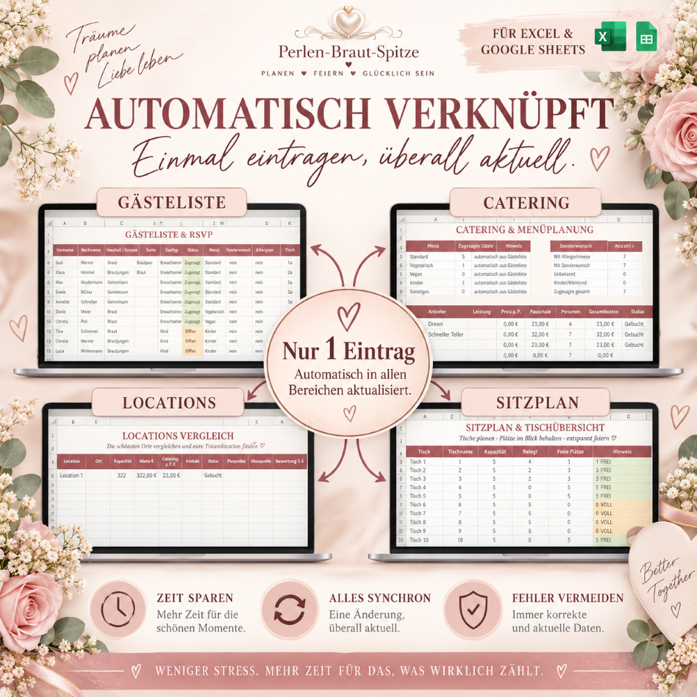 Hochzeitsplaner PRO – Automatisch verknüpft Hochzeitsplaner PRO von Perlen-Braut-Spitze mit automatisch verknüpfter Gästeliste, Catering, Locations und Sitzplan