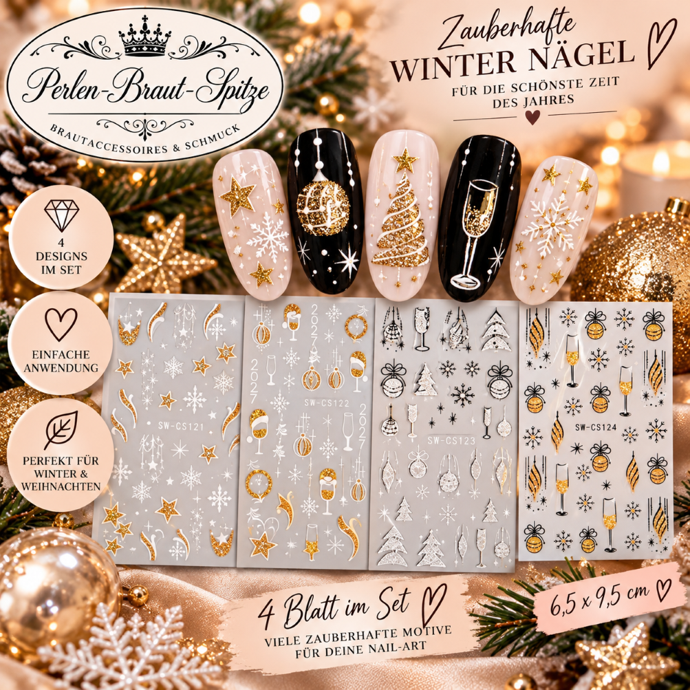 Weihnachts Nagelsticker 4er Set | Perlen-Braut-Spitze Perlen-Braut-Spitze Weihnachts Nagelsticker 4er Set in Gold Weiß und Schwarz