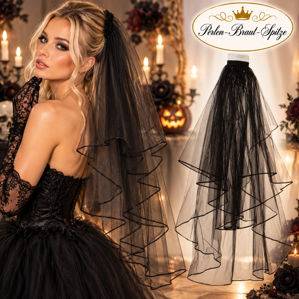Schwarzer Halloween Schleier 82 cm | Perlen-Braut-Spitze Schwarzer Halloween Schleier 82 cm an blonder Frau – Perlen-Braut-Spitze