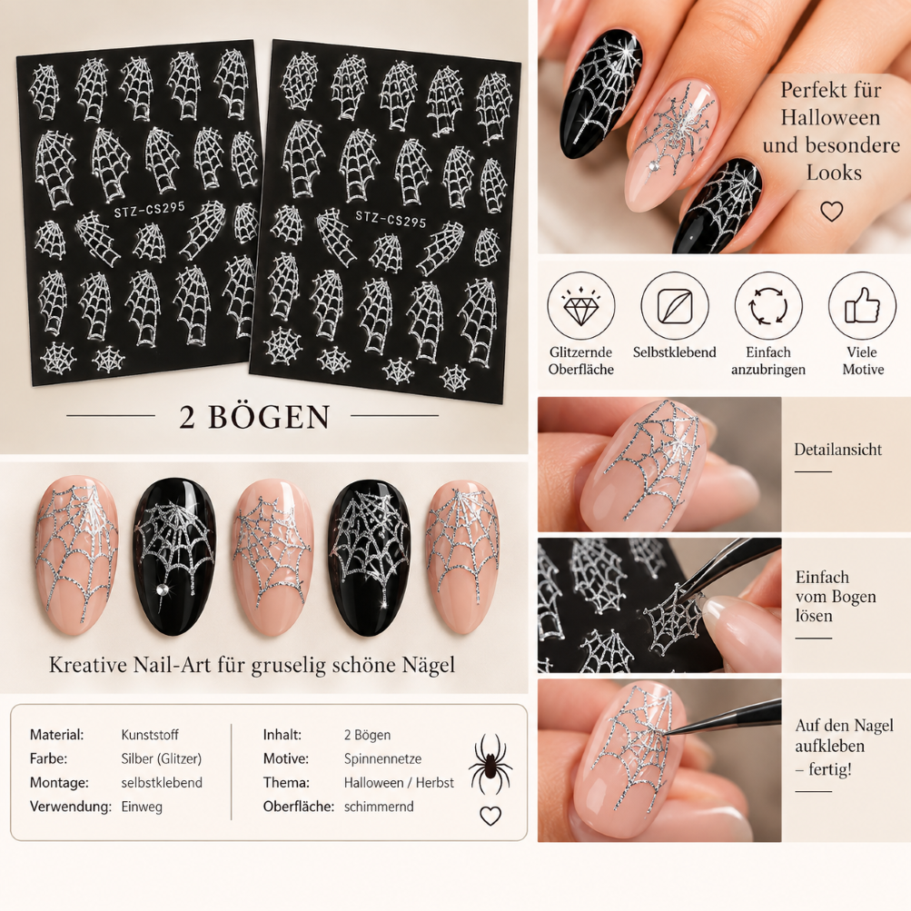 Spinnennetz Nagelsticker – Produktdetails und Anwendung Spinnennetz Nagelsticker Silber – Details und Anwendung – Perlen-Braut-Spitze