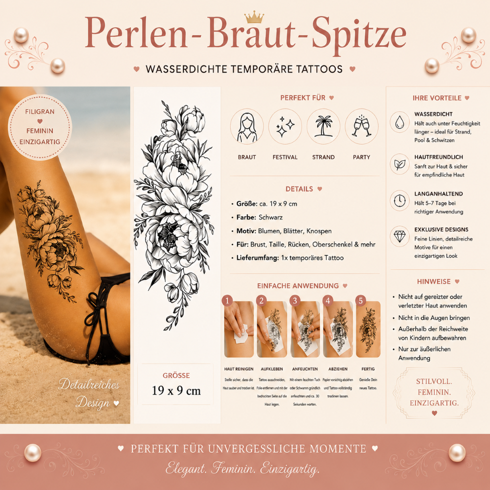 Temporäres Blumen Tattoo – Details & Anwendung | Perlen-Braut-Spitze Temporäres Blumen Tattoo Damen mit Anwendung und Produktdetails – Perlen-Braut-Spitze
