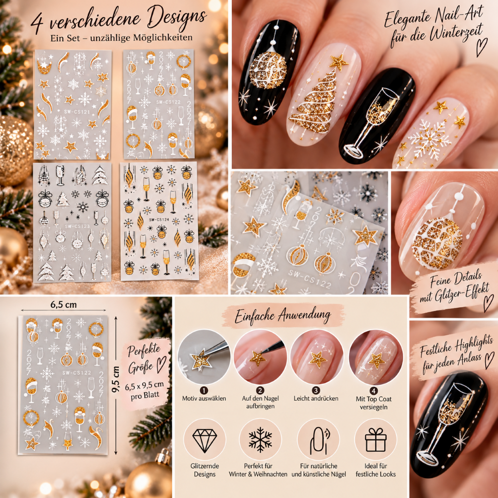 Festliche Winter Nail Art – Weihnachts Nagelsticker Weihnachts Nagelsticker mit Sternen Schneeflocken Weihnachtskugeln und Wintermotiven