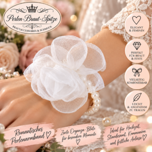 Weißes Perlenarmband mit großer Organza-Blume als Brautschmuck