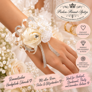 Cremeweißes Braut Blumenarmband mit Rosen, Perlen und glitzernden Bändern am Handgelenk