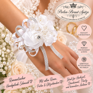 Weißes Braut Blumenarmband mit Rosen, Perlen und silberfarbenen Glitzerbändern